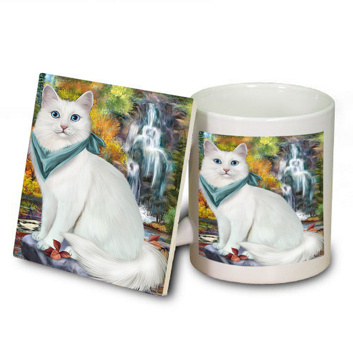 Scenic Waterfall Turkish Angora Cat Mug and Coaster Set MUC54693