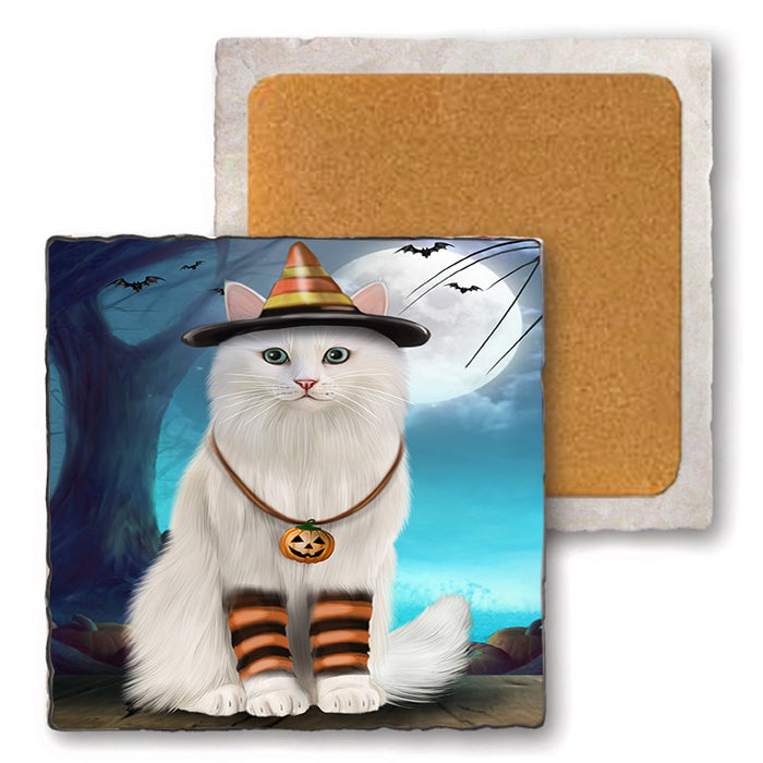 Happy Halloween Trick or Treat Turkish Angora Cat Set of 4 Natural Stone Marble Tile Coasters MCST49541