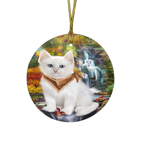 Scenic Waterfall Turkish Angora Cat Round Flat Christmas Ornament RFPOR54821