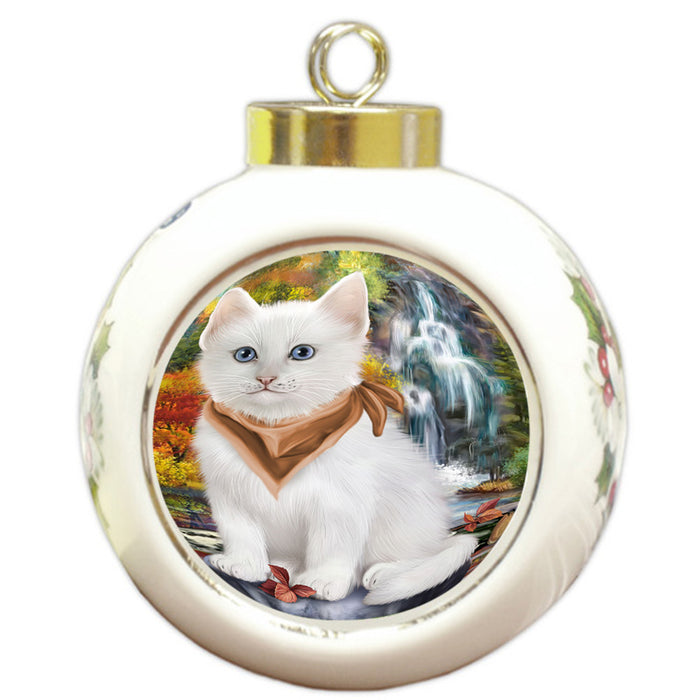 Scenic Waterfall Turkish Angora Cat Round Ball Christmas Ornament RBPOR54830