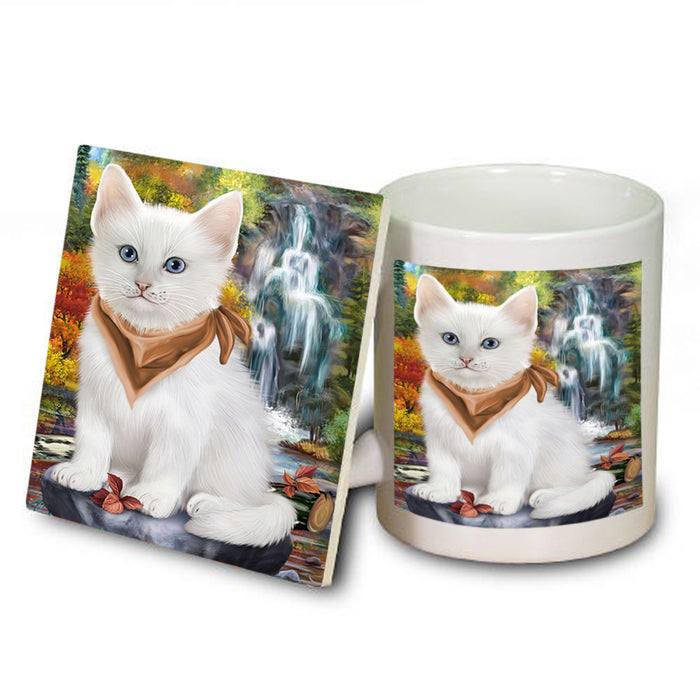 Scenic Waterfall Turkish Angora Cat Mug and Coaster Set MUC54694