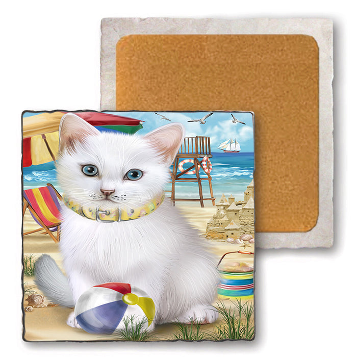 Pet Friendly Beach Turkish Angora Cat Set of 4 Natural Stone Marble Tile Coasters MCST49205