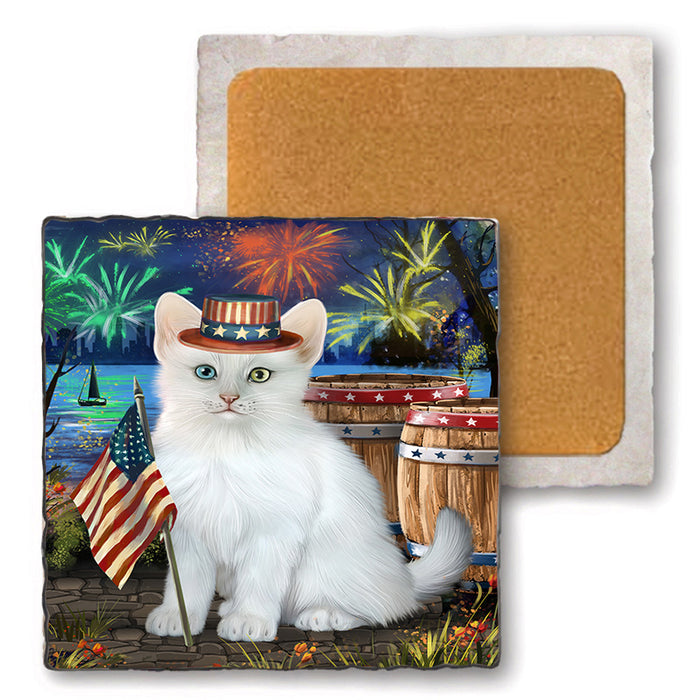 4th of July Independence Day Firework Turkish Angora Cat Set of 4 Natural Stone Marble Tile Coasters MCST49098