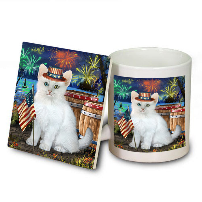 4th of July Independence Day Firework Turkish Angora Cat Mug and Coaster Set MUC54090