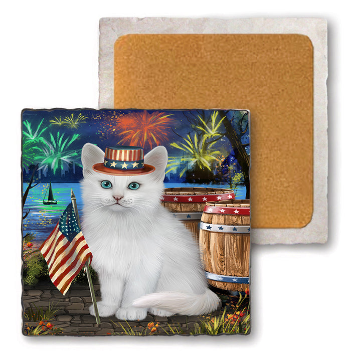 4th of July Independence Day Firework Turkish Angora Cat Set of 4 Natural Stone Marble Tile Coasters MCST49099