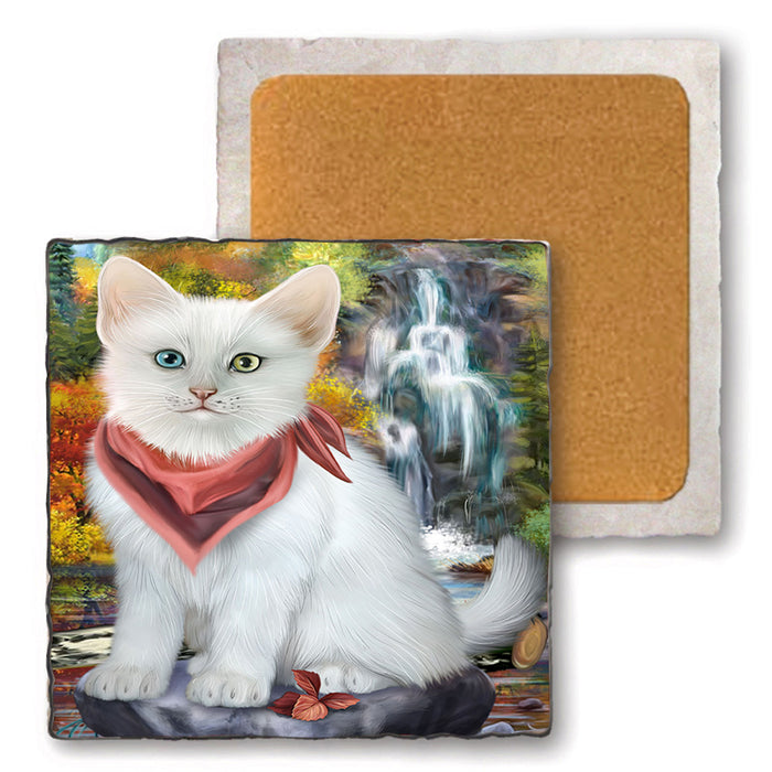 Scenic Waterfall Turkish Angora Cat Set of 4 Natural Stone Marble Tile Coasters MCST49703