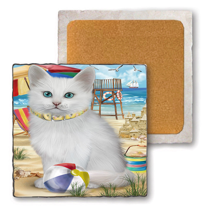 Pet Friendly Beach Turkish Angora Cat Set of 4 Natural Stone Marble Tile Coasters MCST49206
