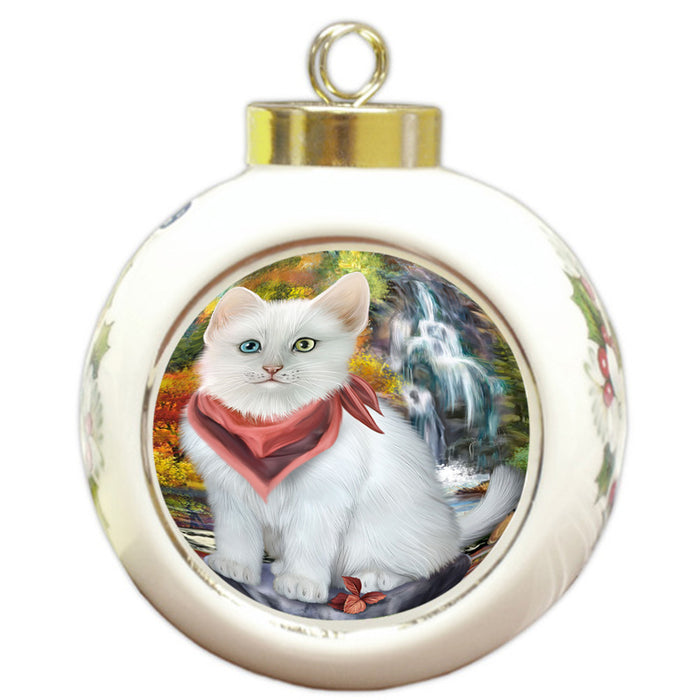 Scenic Waterfall Turkish Angora Cat Round Ball Christmas Ornament RBPOR54831