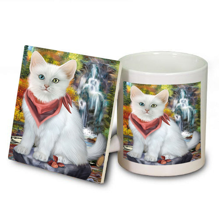 Scenic Waterfall Turkish Angora Cat Mug and Coaster Set MUC54695