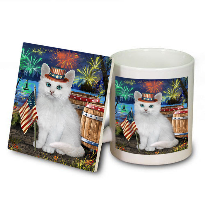 4th of July Independence Day Firework Turkish Angora Cat Mug and Coaster Set MUC54091