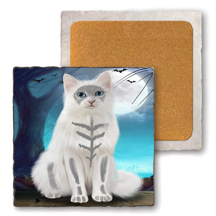 Happy Halloween Trick or Treat Turkish Angora Cat Set of 4 Natural Stone Marble Tile Coasters MCST49542