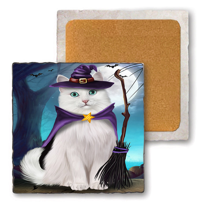 Happy Halloween Trick or Treat Turkish Angora Cat Set of 4 Natural Stone Marble Tile Coasters MCST49543