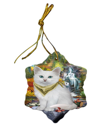 Scenic Waterfall Turkish Angora Cat Star Porcelain Ornament SPOR54823
