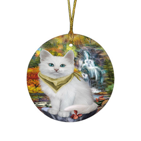 Scenic Waterfall Turkish Angora Cat Round Flat Christmas Ornament RFPOR54823