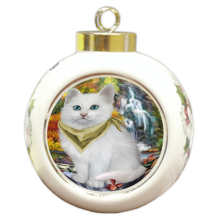 Scenic Waterfall Turkish Angora Cat Round Ball Christmas Ornament RBPOR54832