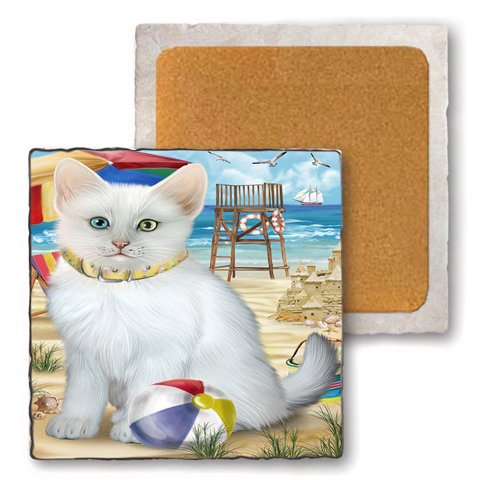 Pet Friendly Beach Turkish Angora Cat Set of 4 Natural Stone Marble Tile Coasters MCST49207