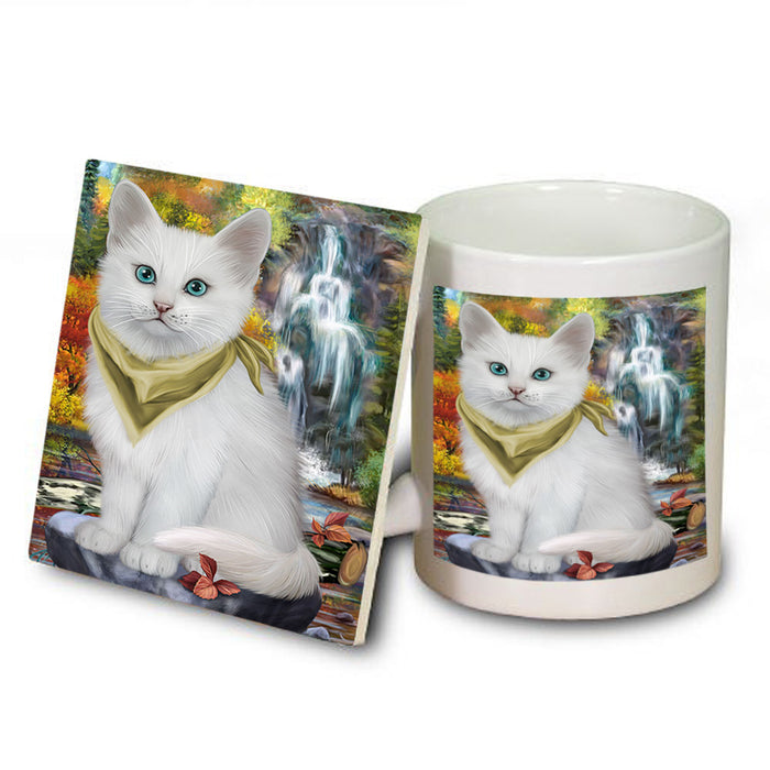Scenic Waterfall Turkish Angora Cat Mug and Coaster Set MUC54696
