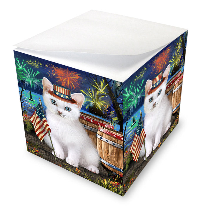 4th of July Independence Day Firework Turkish Angora Cat Note Cube NOC55746