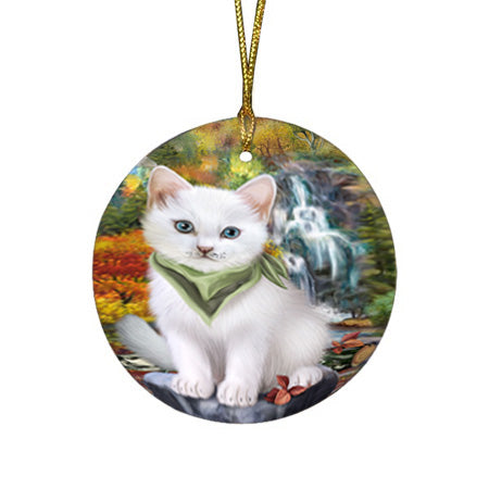 Scenic Waterfall Turkish Angora Cat Round Flat Christmas Ornament RFPOR54824