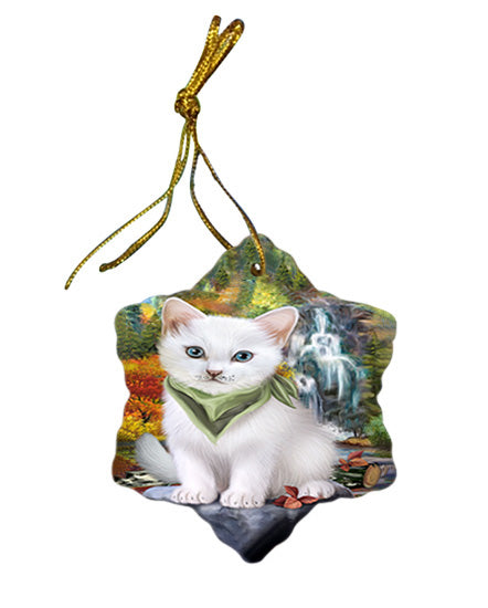 Scenic Waterfall Turkish Angora Cat Star Porcelain Ornament SPOR54824