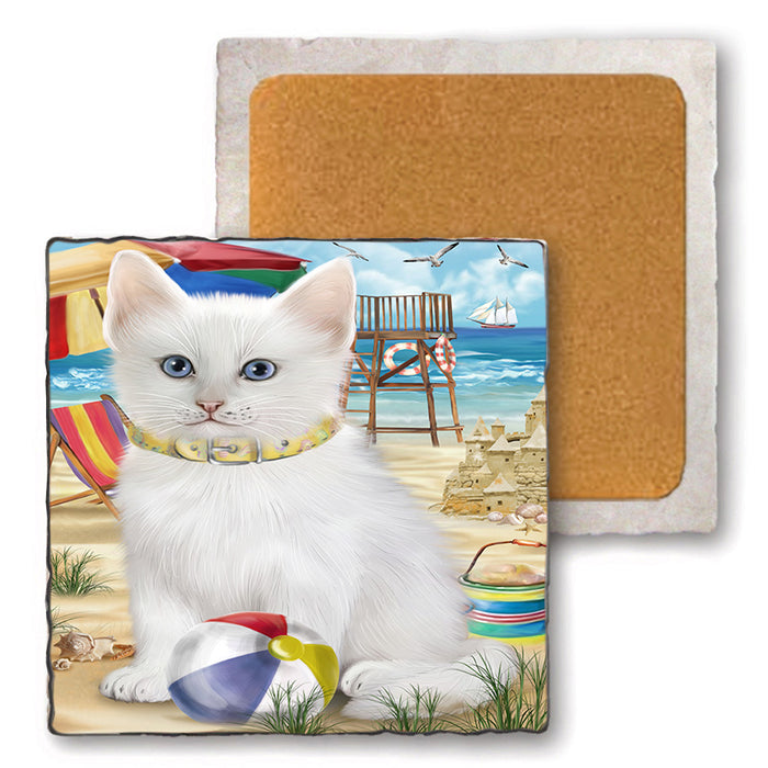 Pet Friendly Beach Turkish Angora Cat Set of 4 Natural Stone Marble Tile Coasters MCST49208
