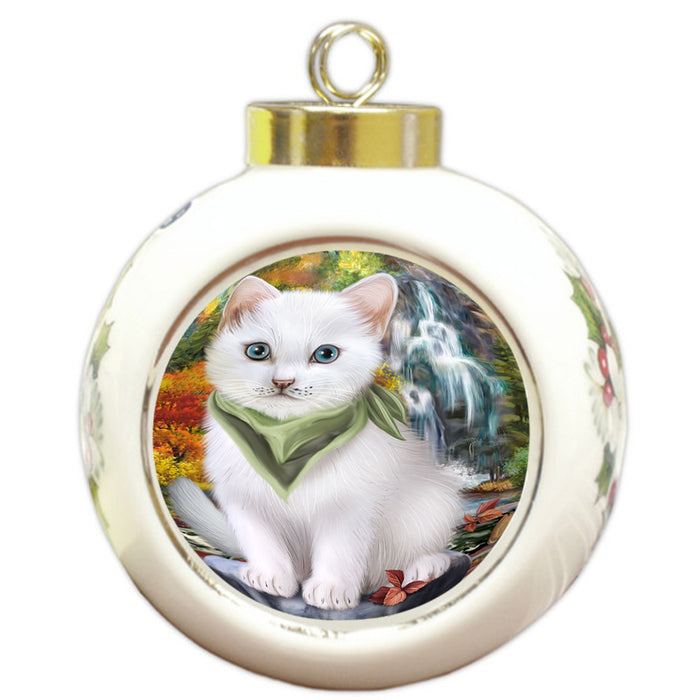 Scenic Waterfall Turkish Angora Cat Round Ball Christmas Ornament RBPOR54833