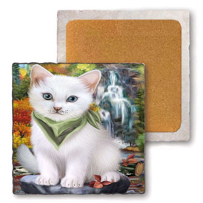 Scenic Waterfall Turkish Angora Cat Set of 4 Natural Stone Marble Tile Coasters MCST49705