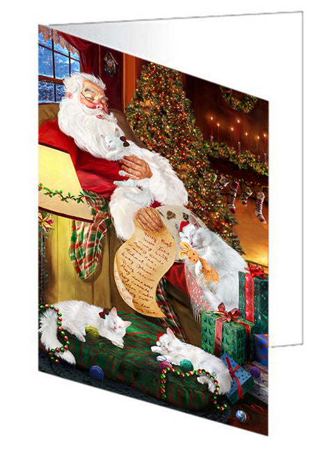 Santa Sleeping with Turkish Angora Cats Christmas Handmade Artwork Assorted Pets Greeting Cards and Note Cards with Envelopes for All Occasions and Holiday Seasons GCD62501