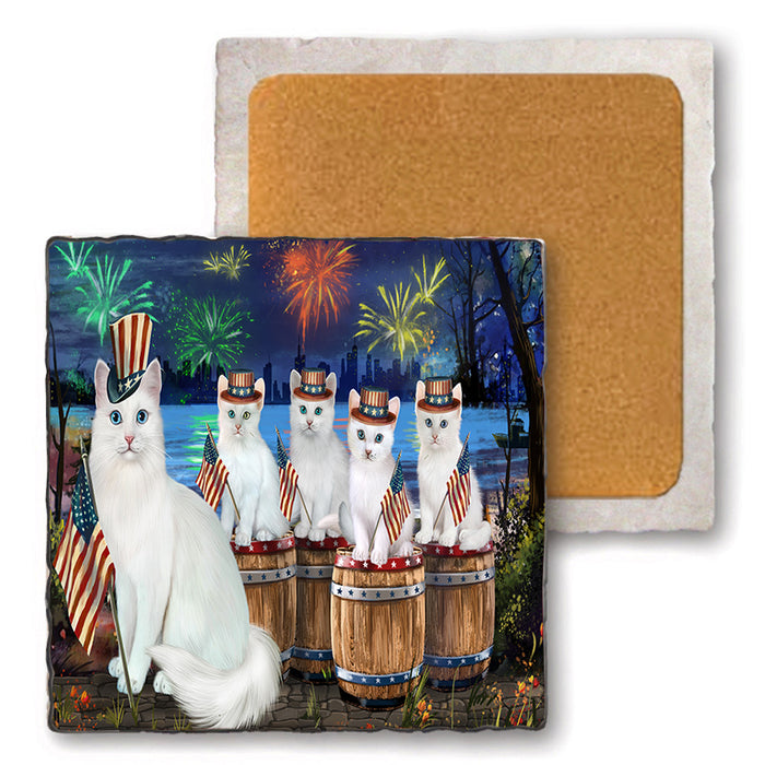 4th of July Independence Day Firework Turkish Angora Cats Set of 4 Natural Stone Marble Tile Coasters MCST49120