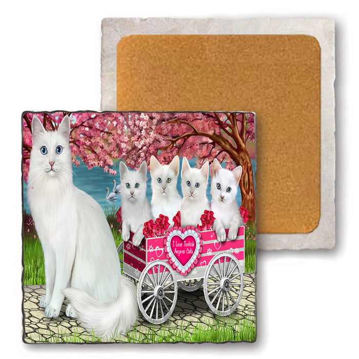 I Love Turkish Angora Cats in a Cart Set of 4 Natural Stone Marble Tile Coasters MCST49215