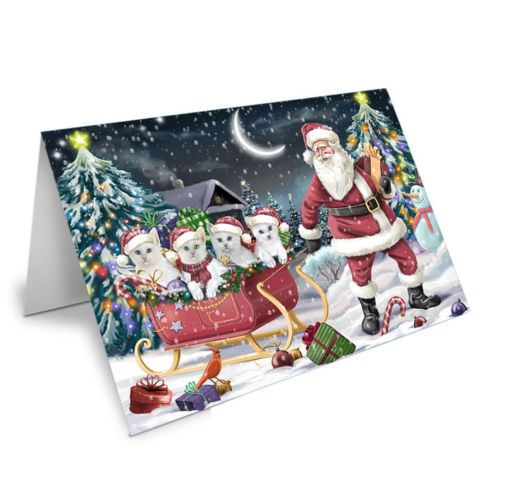 Santa Sled Christmas Happy Holidays Turkish Angora Cats Handmade Artwork Assorted Pets Greeting Cards and Note Cards with Envelopes for All Occasions and Holiday Seasons GCD67178