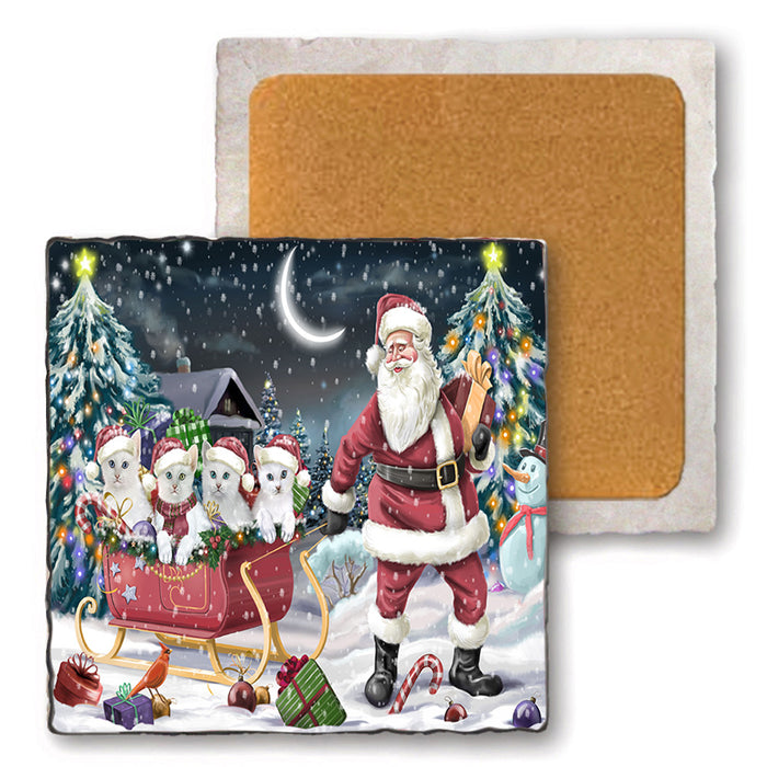 Santa Sled Christmas Happy Holidays Turkish Angora Cats Set of 4 Natural Stone Marble Tile Coasters MCST49383