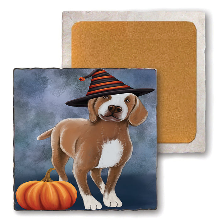 Happy Halloween Turkish Pointer Dog Wearing Witch Hat with Pumpkin Set of 4 Natural Stone Marble Tile Coasters MCST49831