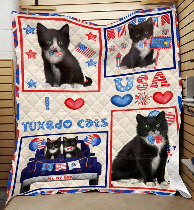 4th of July Independence Day I Love USA Tuxedo Cats Quilt Bed Coverlet Bedspread - Pets Comforter Unique One-side Animal Printing - Soft Lightweight Durable Washable Polyester Quilt