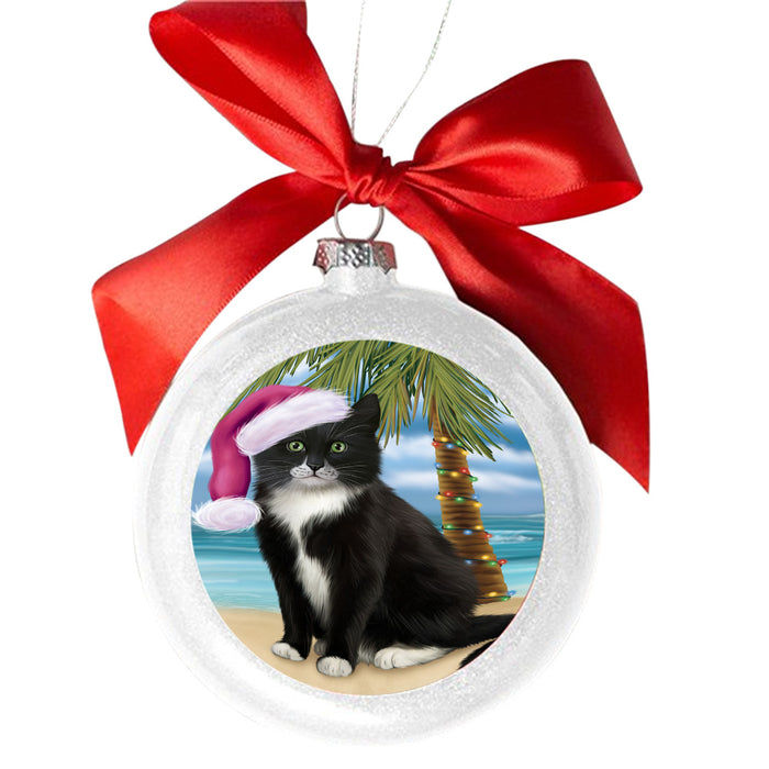 Summertime Happy Holidays Christmas Tuxedo Cat on Tropical Island Beach White Round Ball Christmas Ornament WBSOR49404
