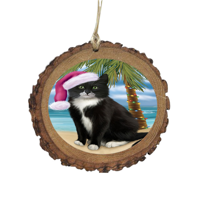 Summertime Happy Holidays Christmas Tuxedo Cat on Tropical Island Beach Wooden Christmas Ornament WOR49404