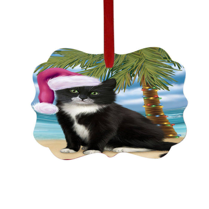 Summertime Happy Holidays Christmas Tuxedo Cat on Tropical Island Beach Double-Sided Photo Benelux Christmas Ornament LOR49404