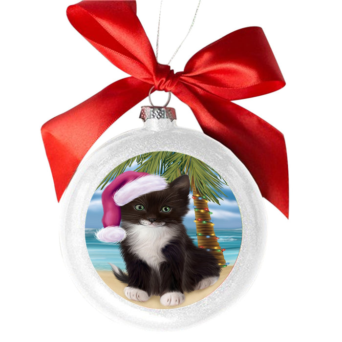 Summertime Happy Holidays Christmas Tuxedo Cat on Tropical Island Beach White Round Ball Christmas Ornament WBSOR49405