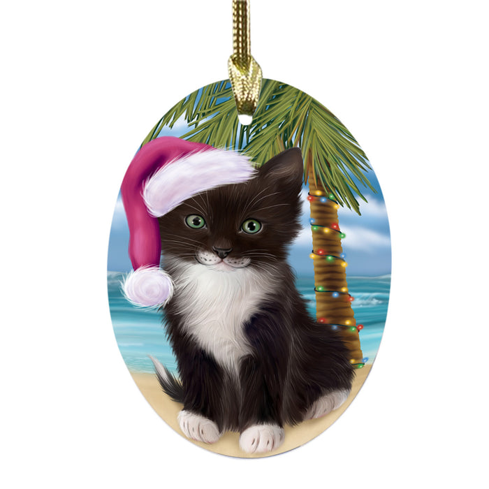 Summertime Happy Holidays Christmas Tuxedo Cat on Tropical Island Beach Oval Glass Christmas Ornament OGOR49405