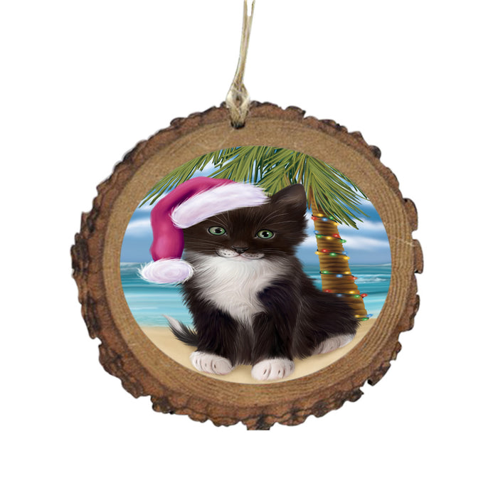 Summertime Happy Holidays Christmas Tuxedo Cat on Tropical Island Beach Wooden Christmas Ornament WOR49405
