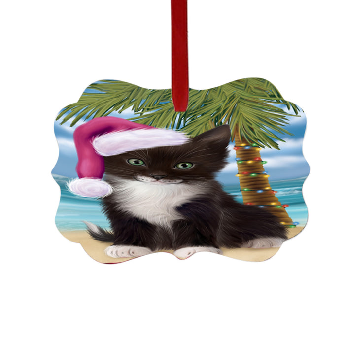Summertime Happy Holidays Christmas Tuxedo Cat on Tropical Island Beach Double-Sided Photo Benelux Christmas Ornament LOR49405
