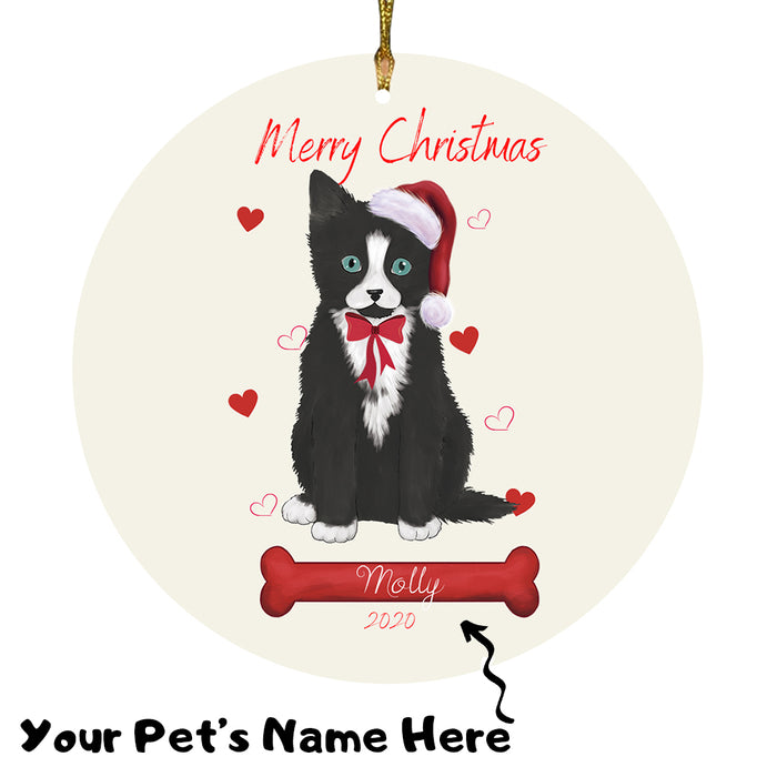 Personalized Merry Christmas  Tuxedo Cat Christmas Tree Round Flat Ornament RBPOR59028