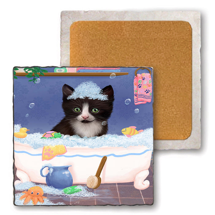 Rub A Dub Dog In A Tub Tuxedo Cat Set of 4 Natural Stone Marble Tile Coasters MCST52470