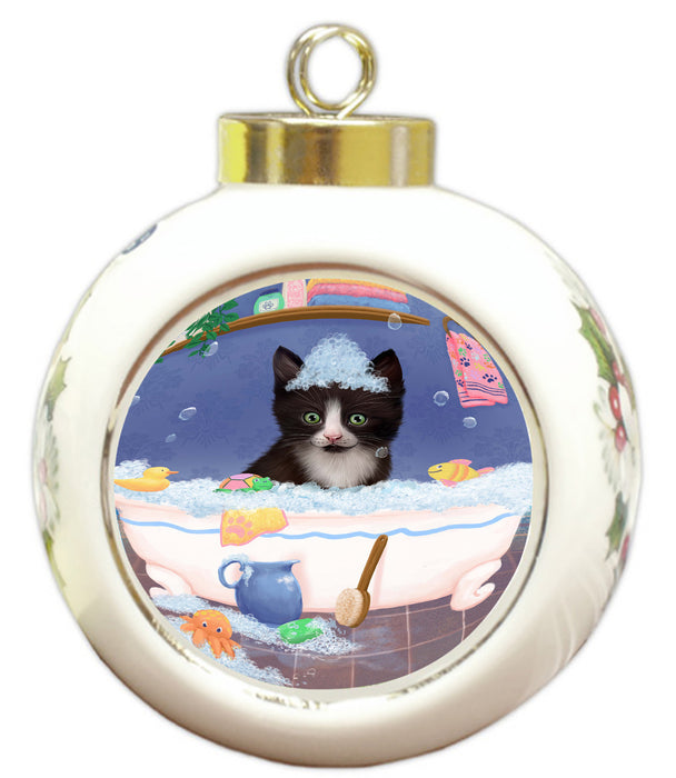 Rub A Dub Dog In A Tub Tuxedo Cat Round Ball Christmas Ornament RBPOR58694