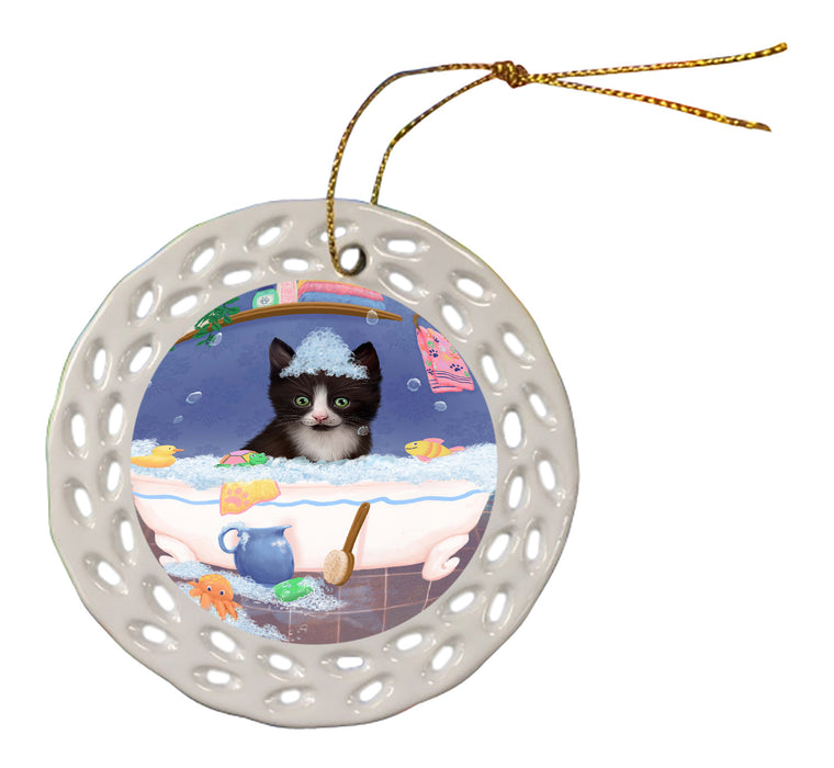 Rub A Dub Dog In A Tub Tuxedo Cat Doily Ornament DPOR58361