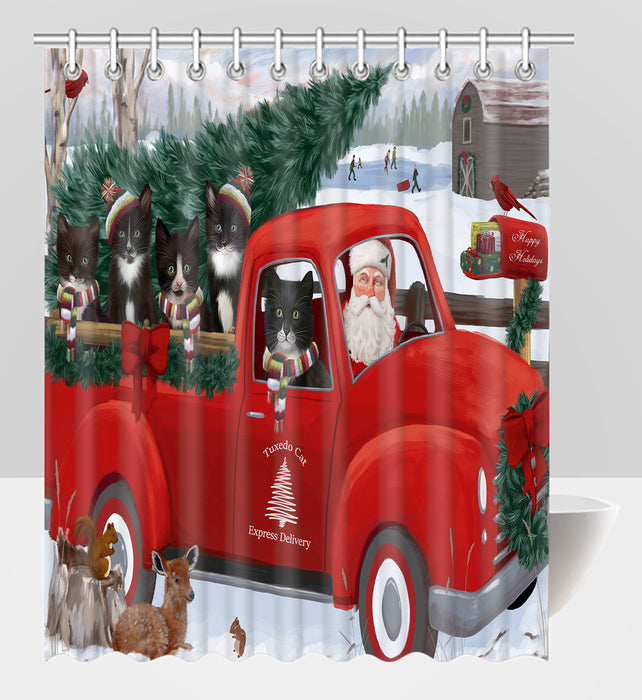 Christmas Santa Express Delivery Red Truck Tuxedo Cats Shower Curtain