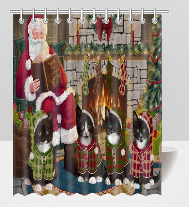 Christmas Cozy Holiday Fire Tails Tuxedo Cats Shower Curtain