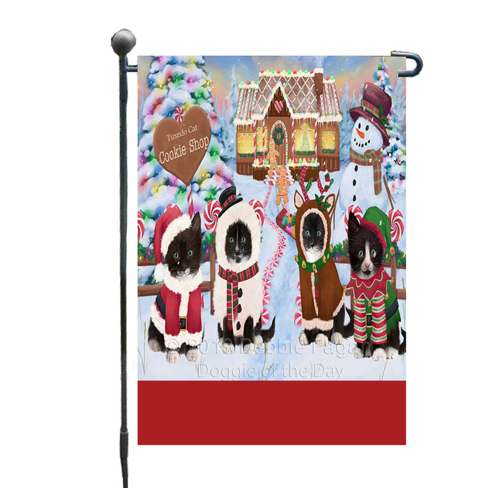 Personalized Holiday Gingerbread Cookie Shop Tuxedo Cat Custom Garden Flags GFLG-DOTD-A59247