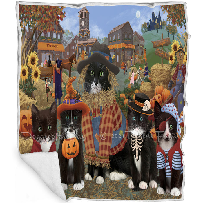 Halloween 'Round Town And Fall Pumpkin Scarecrow Both Tuxedo Cats Blanket BLNKT143668