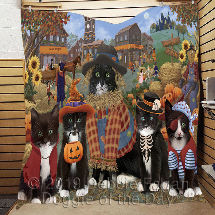 Halloween 'Round Town and Fall Pumpkin Scarecrow Both Tuxedo Cats Quilt
